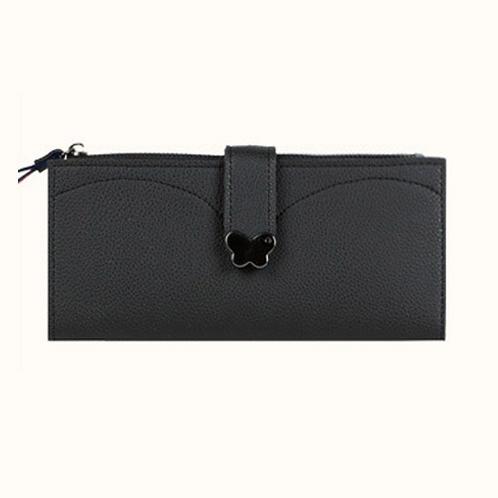 Butterfly decorated Korea lady women long slim wallet(Black)