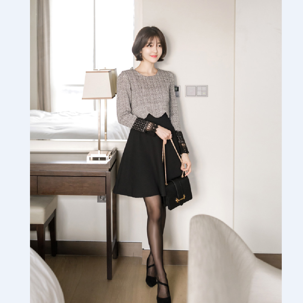 op3963 Lace Cuff Mock Layered Dress