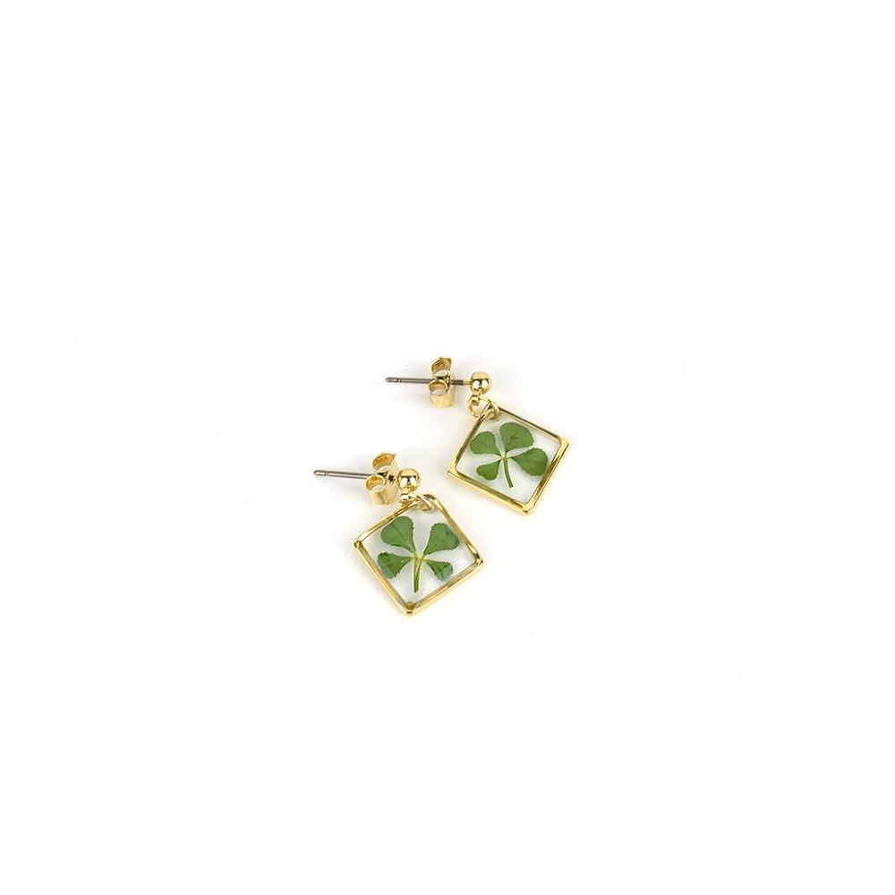 Resin Craft Earring with Four Leaf Clover Dangle Real Lucky Clover Ear Rings - Square Type