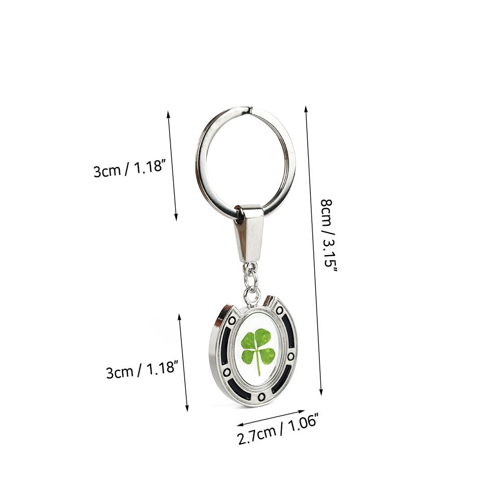 Clover Keyring - Fancy Resin Craft Art Pressed Real Four Leaf Clover Key Chain - Black Round Shape