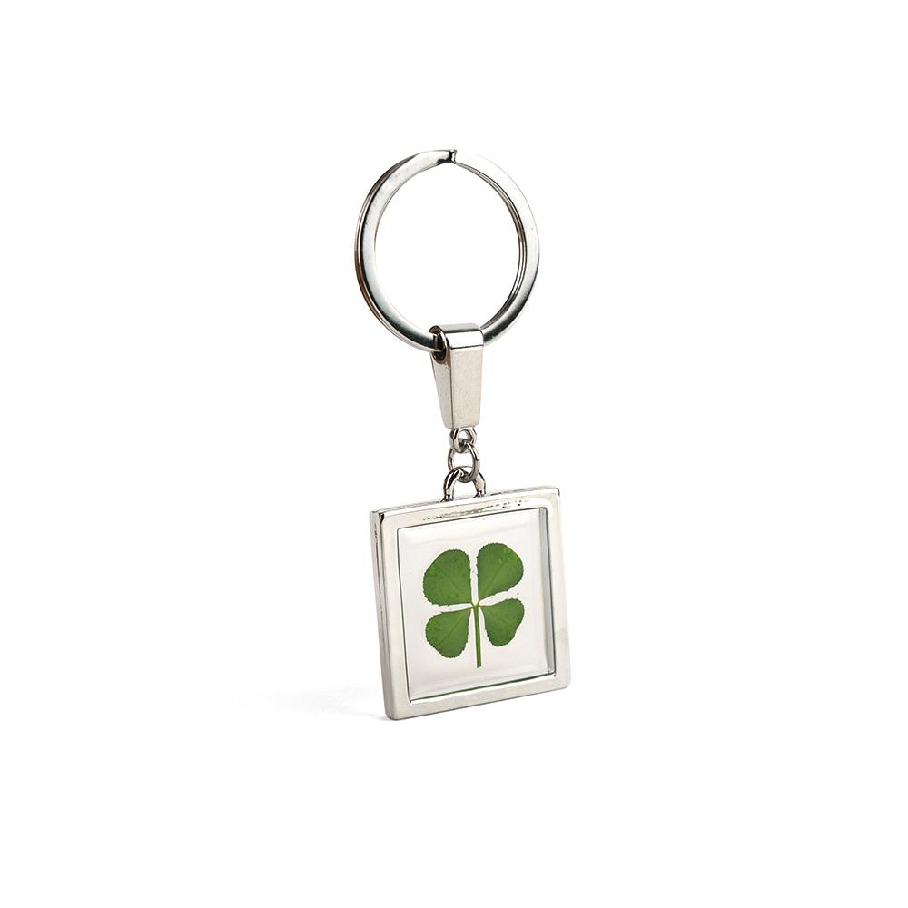 Clover Keyring - Fancy Resin Craft Art Pressed Real Four Leaf Clover Key Chain - Square Shape